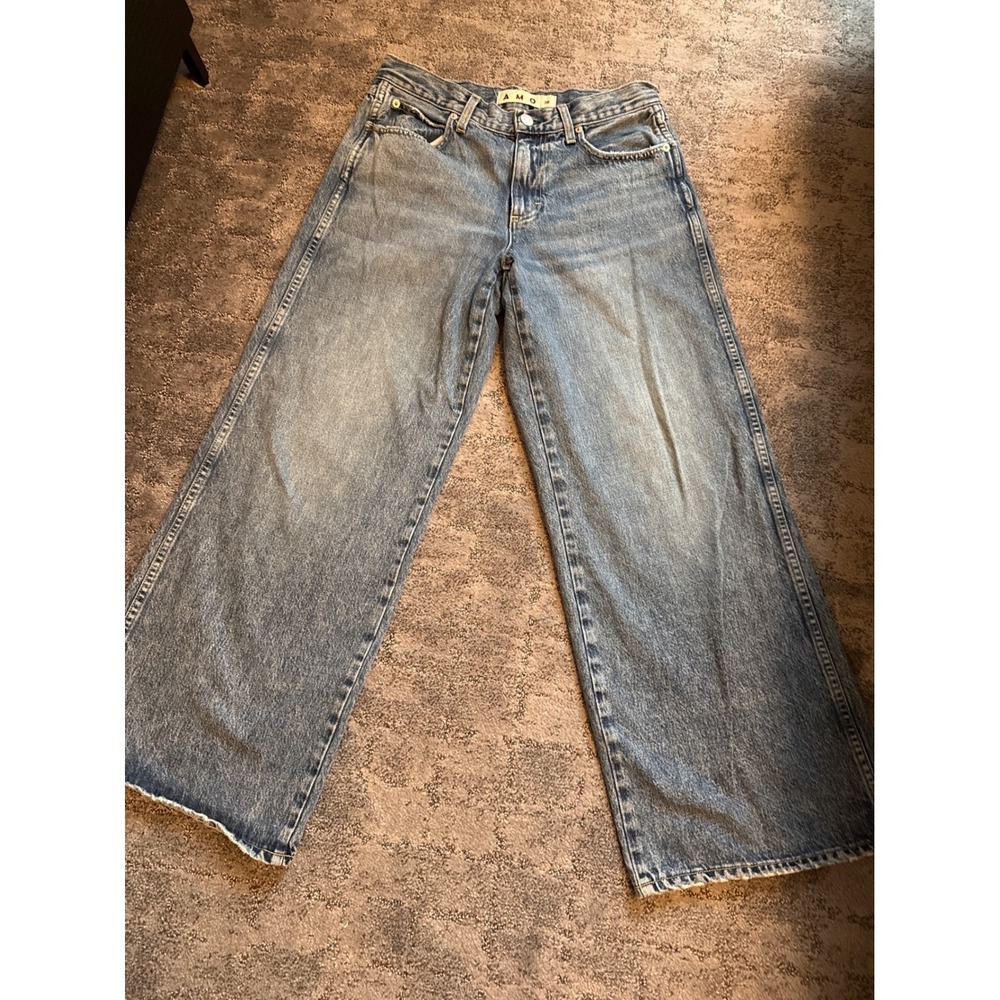 AMO Regina Wide Leg Jeans Light Wash Distressed Raw Hem Size 28